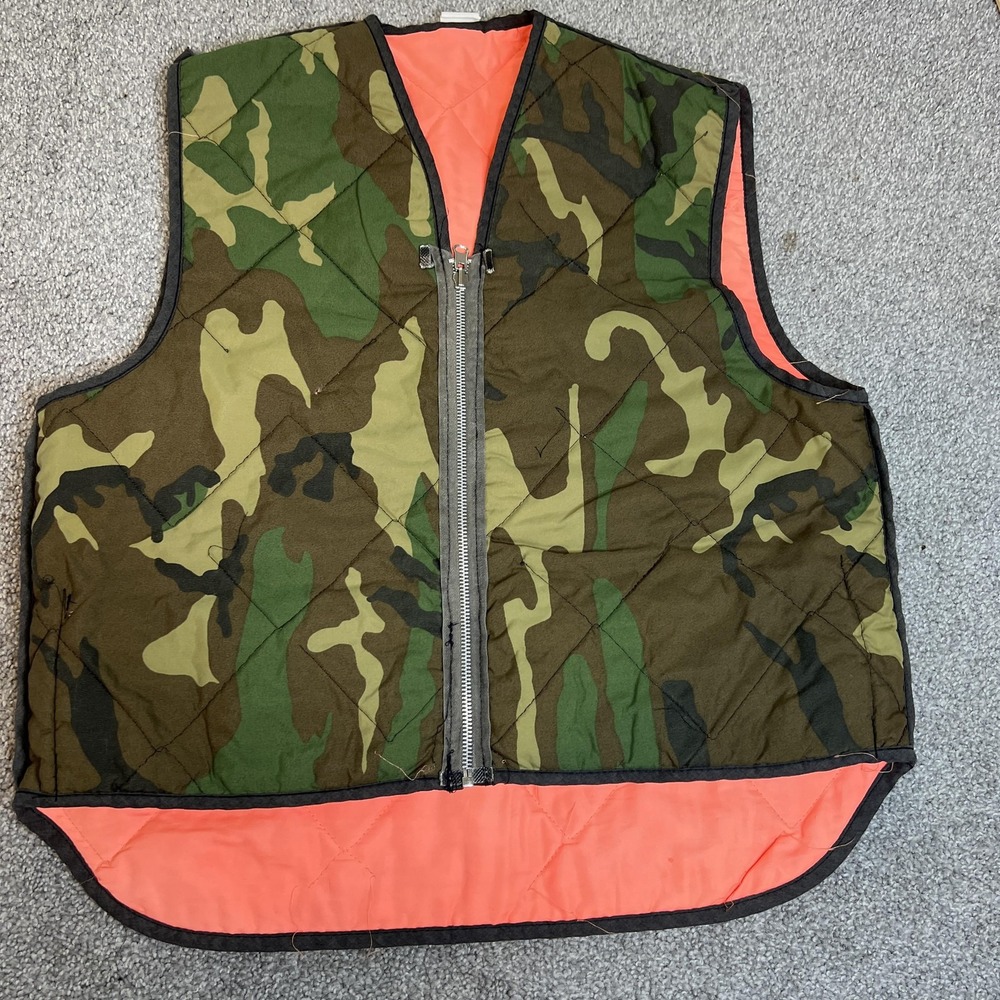 vtg Empire Insulated Wear Vest Mens Large Camo Orange Quilted‎ Reversible USA